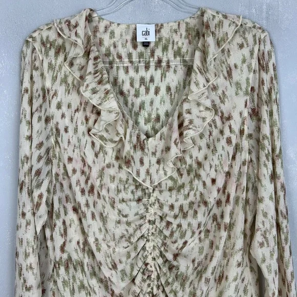 Cabi size XL Dapple top long sleeve ruched ruffle v-neck stretch mesh beige 4532 - Picture 3 of 14